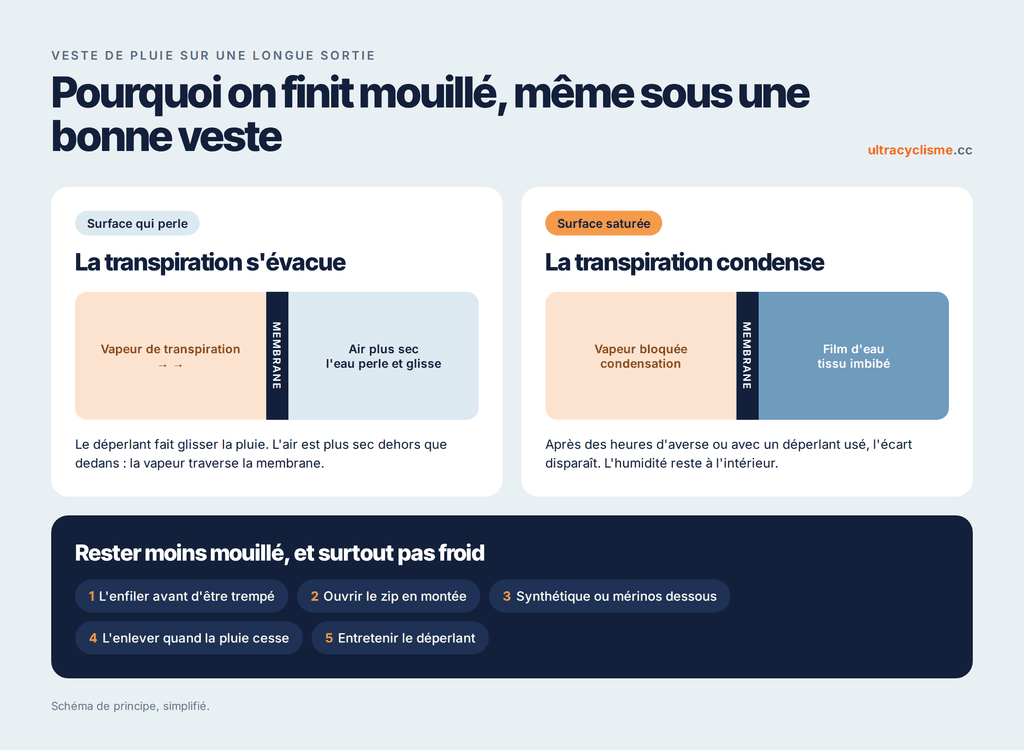 Infographie : pourquoi on finit mouillé sous une veste de pluie, la transpiration qui s'évacue ou qui condense, et 5 réflexes pour rester moins mouillé